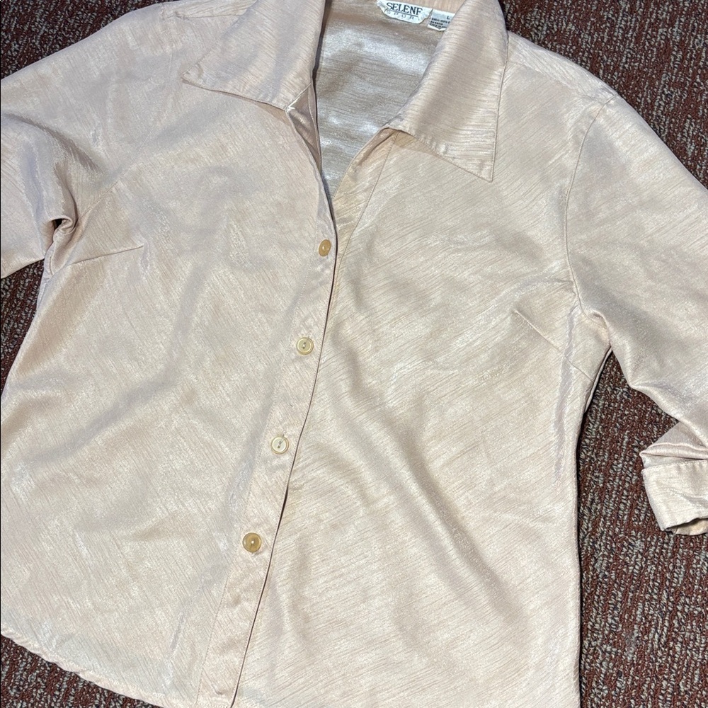 Selene sport vintage gold metallic‎ button down collared shirt women’s large